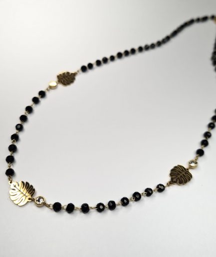 Monstera Black - łańcuszek stal nierdzewna, złoty, czarne koraliki