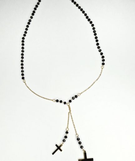 Różaniec - łańcuszek stal nierdzewna, złoty, czarne koraliki